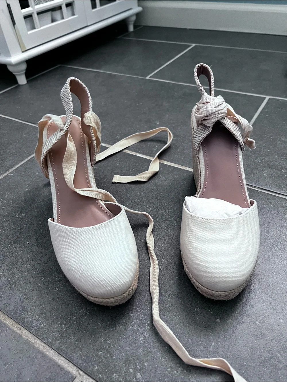 Lace-Up Espadrille Wedge Heels in Cream